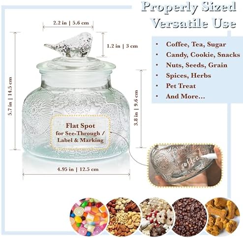 Decorative Flora Embossed Glass Jar with Glass Bird Lid, 25.4 fl. oz | Wide mouth vintage storage canister, kitchen pantry bathroom organization, coffee sugar tea cookie candy candle vase gift