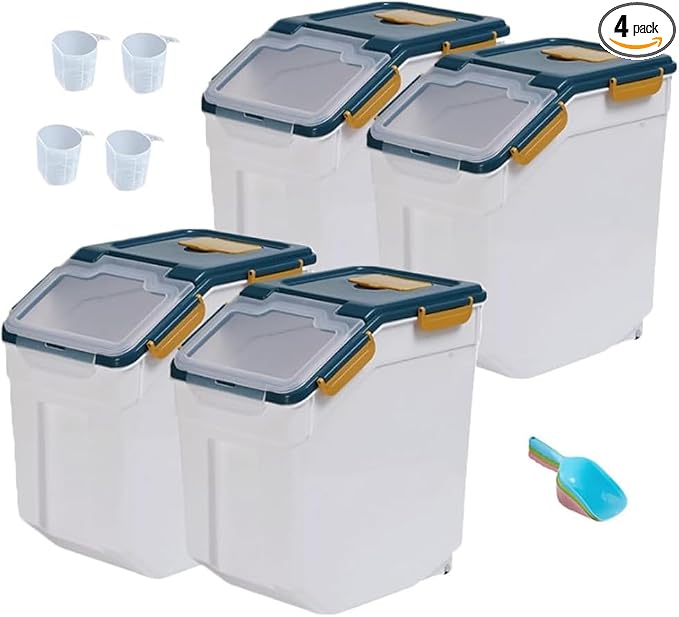 25LB Large Flour Storage Container Bin,4 Pack Airtight Plastic with Wheels Seal Locking Lid Dispenser Organizer Storage Bin with Measuring Cup & Scoop for Flour, Rice, Grain 100LBS Total