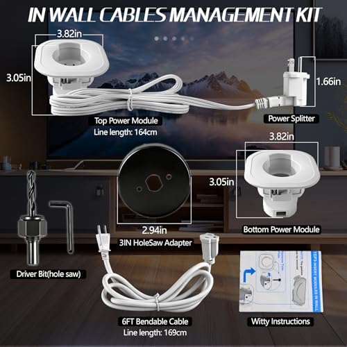 in-Wall Cable Management Kit,in Wall TV Power Kit for Wall Mounted TV and Speakers,in Wall Wire Concealment Kit, Includes Power & Low Voltage Cable Management with Hole Saw Drill Attachment