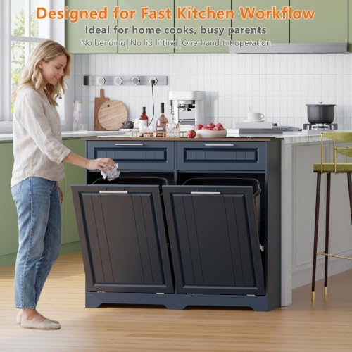 Double 10 Gallon Tilt Out Trash Can Cabinet with Deodorizing Function and Power Outlet, Wooden Hidden Garbage Can Holder with 2 Storage Drawers for Kitchen, Laundry Hamper Cabinet for Bathroom, Blue