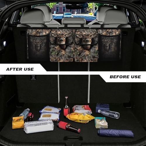 Deer Theme Hanging Organizer for Car Trunk Auto Back Seat Storage Bag with 2 Pockets 2 Mesh Pouches Collapsible Detachable Automotive Interior Accessories