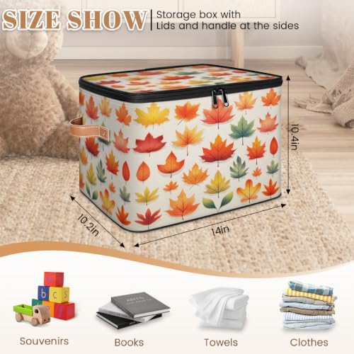 Fall Collapsible Fabric Storage Bin with Zipper Lid | Storage Basket, Foldable, Waterproof, Handle, Large, Closet Organizer, Home, Fall Maple Leaves