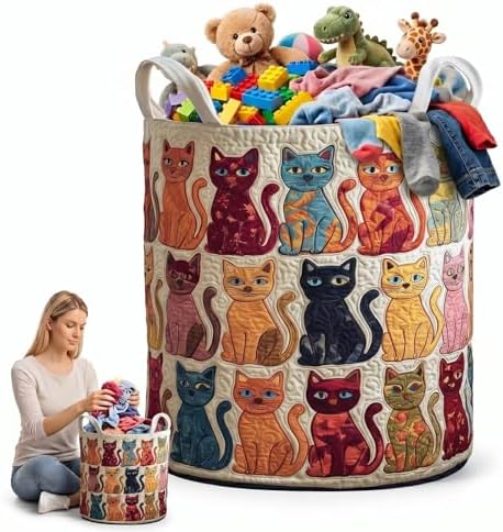Aesthetic Boho Laundry Basket, Quilted Storage Hamper with Wooden Look Handles, Soft Clothes Bin for Bedroom, Dorm & Office(20" x 28")