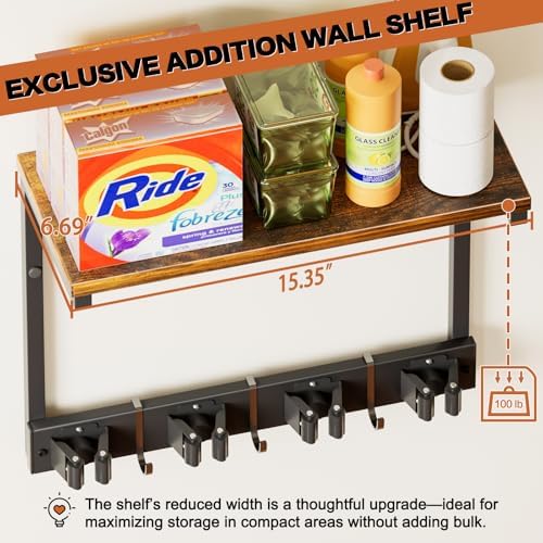 Broom Holder Wall Mount with Cleaning Supplies Organizer, Laundry Room Organization and Storage Shelves, Mop Hanger Broom Rack with Hooks, Home Improvement Kitchen Shelf Garage Organizer