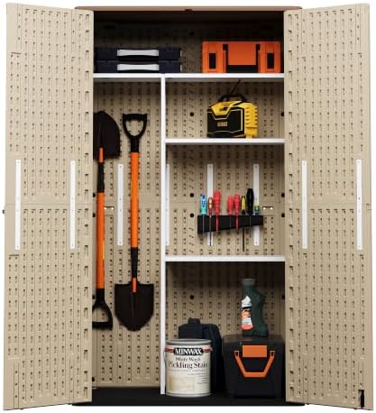 Tall Vertical Outdoor Storage Cabinet with 3-Tier Shelves, 6.8x4 Ft Waterproof Thickened Khaki Resin Storage Shed for Patio, Garden and Garage