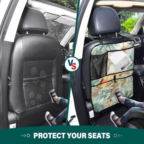 1 Pack Back Seat Car Organizer with Storage Pockets Kick Mats Back Seat Protector Hanging Car Organizer Automotive Seat Back Cover Organizers Sea Turtle Starfish Plants