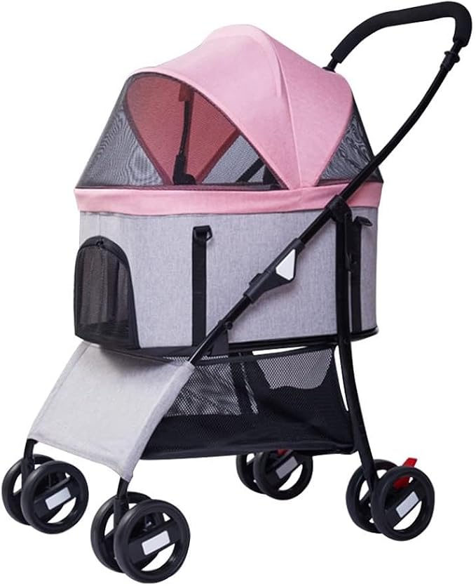 Pet Stroller Dog Stroller Foldable 3-in-1 Travel Cat Carriers & Strollers 4 Wheels Puppy Stroller with Storage Basket Portable Dog Stroller (Color : Pink)