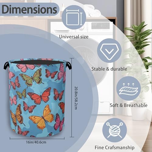 Colorful Butterfly Laundry Basket,Foldable Oxford Cloth Tote Bag Laundry Hamper Clothes Storage Bucket Organizer for Bedroom Laundry Storage Dormitories 16" x 20.8"