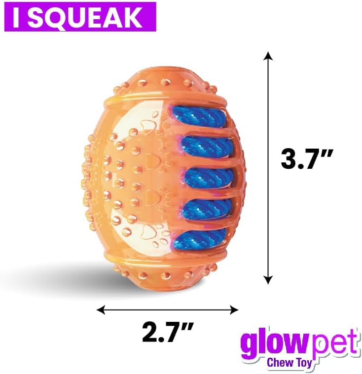 GlowPet Chew for Dogs - Light Up Dog Football for Teeth Cleaning & Gum Massage - Durable, Safe & Non-Toxic Interactive Pet - Perfect for Small to Medium Sized Dogs | Orange