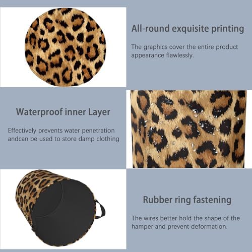 Brown Leopard Laundry Basket,Foldable with Handles Tote Bag Oxford Cloth for Bathroom Bedroom Dirty Clothes Storage Bucket 16" x 20.8"