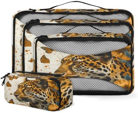 Leopard 4 Set Packing Cubes Luggage Organizer Bags for Travel Accessories and Essentials, Butterfly Leopard Print