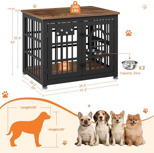 YaFiti 31.5" Dog Crate Furniture, Wooden Dog Kennel with Bowl, Rustic Brown | Adjustable 360° Rotating Feeder, Name Tag, for Small Dogs, Chew-Resistant, Heavy Duty, Side End Table, Decorative Pet Cage