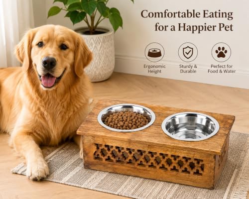 Wooden Elevated Pet Feeder Station with 2 Stainless Steel Bowls | Raised Dog & Cat Feeding Stand | Food & Water Bowl Holder for Cats, Puppies | Wooden Pet Dining Table | 16 x 8.5 x 5 Inches