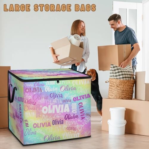 Personalized Storage Bins with Lid, Customized Name Jumbo Storage Basket Rectangle Clothes Organizer for Organizing Kids and Pets Toys Shelf Closet, Colorful Galaxy with Stars
