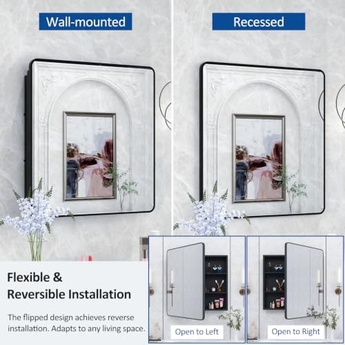 ACEMIRO 30x32 Inch Bathroom Medicine Cabinet with Mirror Black Metal Framed Mirror Cabinet Recessed or Surface Wall Mounted Medicine Cabinets for Bathroom