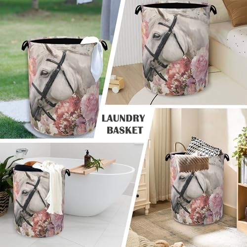 Horse Laundry Hamper,Pink Flowers Dirty Clothes Laundry Basket with Handles Waterproof Oxford Cloth Storage Basket for College Dorms Bathroom Bedroom 16" x 20.8"