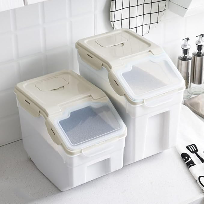 25LB Large Flour Storage Container Bin ,2 Pack Airtight Plastic with Wheels Seal Locking Lid Dispenser Organizer Storage Bin with Measuring Cup & Scoop for Flour, Rice, Grain 50LBS Total