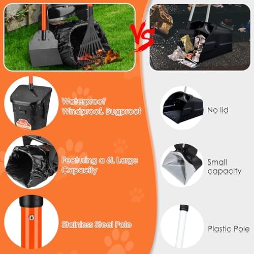SlowTon Dog Pooper Scooper, 37.4" Long Handle Poop Scoop for Large Dogs | Adjustable, Portable, Non Breakable, with 20 Waste Bags, Swivel Extra Large Bin & Rake & Spade Kit, for Gravel Lawn Grass