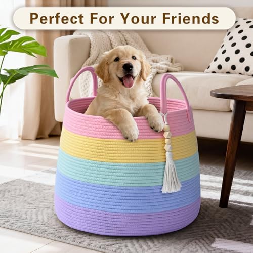 Large Nursery Hamper, 60L Blanket Basket with Handle, Baby Laundry Basket for Gift, Toy, Clothes, Woven Storage Basket with Wooden Bead Decor, Baby Hamper for Nursery(Rainbow)