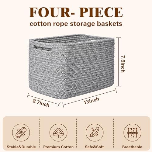 Storage Baskets for Organizing, 4 Pack Baskets for Shelves, Decorative Storage Bins for Shelves, Cotton Rope Storage Basket with Handles, Woven Basket for Storage, 13''Lx8.7''Wx7.9''H, Gray