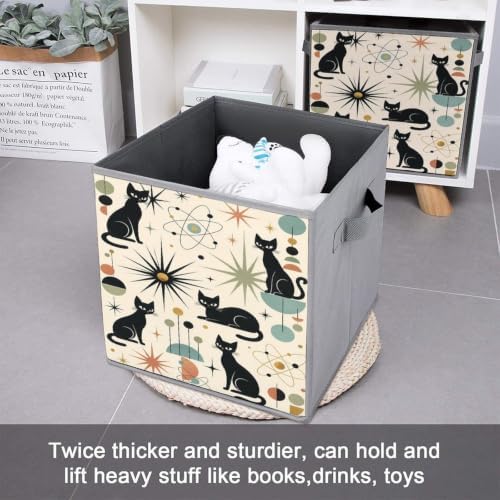 Black Cats Atomic Stars Yellow Storage Bin with Handles, Oxford Fabric Foldable Storage Cube Organizer for Clothes, Towels, Bedroom, Living Room, Home Organization