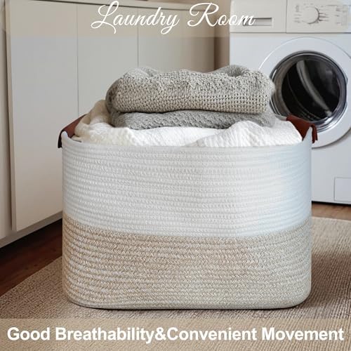 Large Cotton Rope Storage Basket with Leather Handles, Laundry Hamper Basket, 20 "L x 14" W x 12 "H, Durable & Stylish Organizer for Home.(Large Light Khaki)