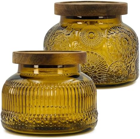 Decorative Amber Glass Jars with Airtight Wooden Lids 2 pack, 25.4 fl. oz | Wide mouth vintage storage canister, kitchen pantry bathroom organization, coffee sugar tea cookie candy candle vase gift