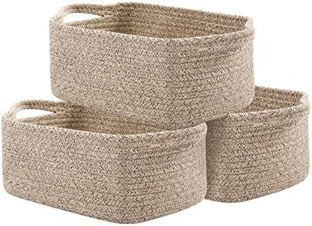 OIAHOMY 3 Pack Storage Baskets for Shelves Cotton Rope Storage Bins Brown | Woven Baskets for Storage Nursery Storage Basket with Handles Baskets for Organizing Small Baskets Gift Baskets Empty
