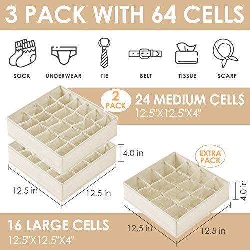 Criusia 3 Pack Sock Underwear Drawer Organizer Dividers, 64 Cell Fabric Foldable Cabinet Dresser Closet Organizers and Storage Boxes for Organizing Socks, Underwear, Ties (16+24+24 Cell, Beige)