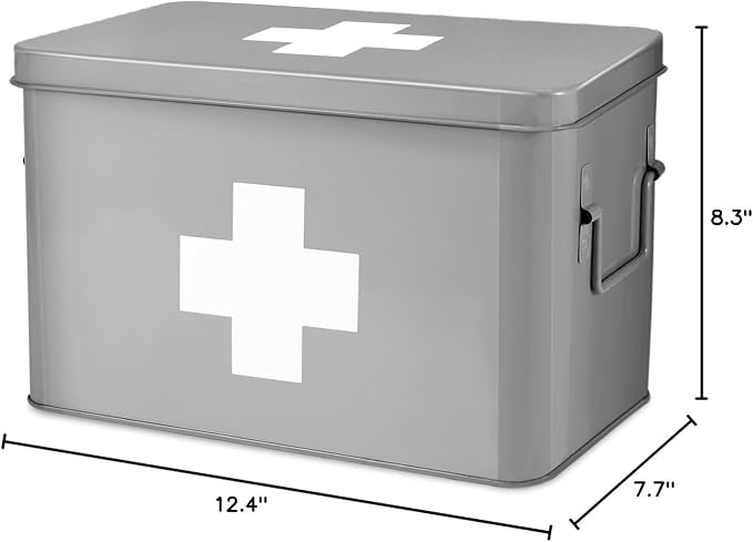 Flexzion Large Metal First Aid Box Empty, 13-Inch, Gray with White Cross | Vintage Medicine Box and First Aid Storage Organizer with Removable Tray and Dividers; Empty Box Only, Supplies Not Included