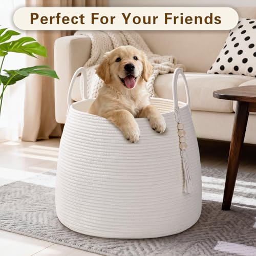 Large Nursery Hamper, 30L Blanket Basket with Handle, Baby Laundry Basket for Gift, Toy, Clothes, Woven Storage Basket with Wooden Bead Decor, Baby Hamper for Nursery (Black&Brown)