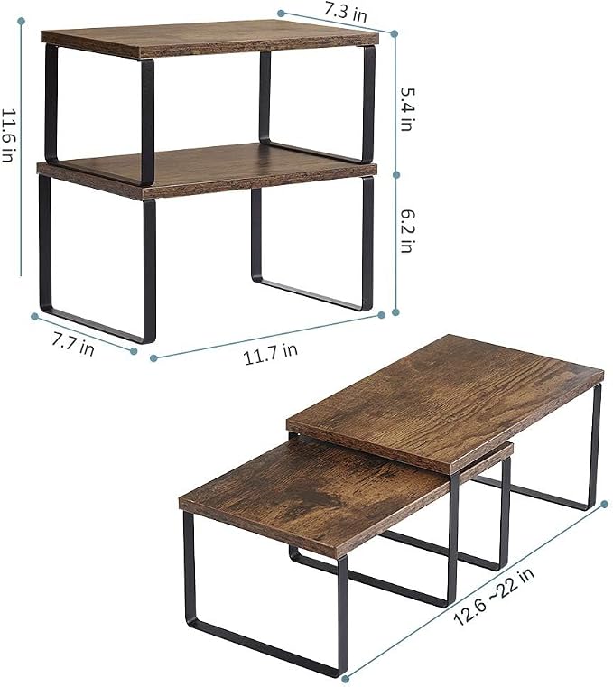 NEX Kitchen Cabinet and Counter Shelf Organizer, Shelf Riser for Pantry Countertop Cupboard Desk Top, Stackable & Expandable, Set of 4, Black and Rustic Brown | Stackable & Expandable Spice Rack, Space-Saving Pantry Organizers Bathroom Countertop Stora...