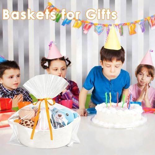 Small Woven Cotton Rope Basket for Gift with Bags and Ribbons, Durable Baskets for Christmas Halloween Gifts Empty, Storage Basket for Shelf with Handles, 12" X 8" X 5", White