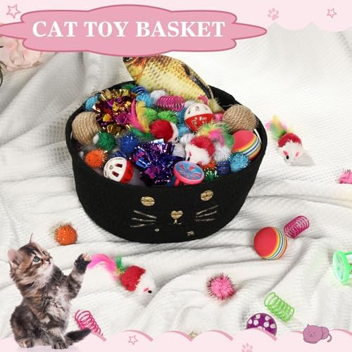 Zopeal 58 Pcs Summer Cat Storage Basket Gift Toys Set, Colorful Flashing Balls Pet Bell Crinkle Balls Spring Toys Attract Cat to Swat, Hunt, Interactive for Pet(Black,9.8 Inch)