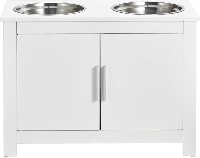 VEVOR Elevated Pet Bowls with Storage Cabinet, Feeding Station with 2 Raised Bowls, Wooden Stand with Handles & Magnetic Doors, Pet Feeder & Toy Organizer, White