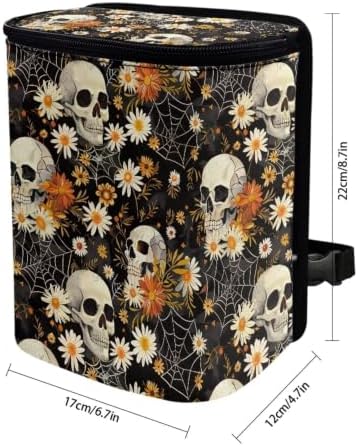 Daisy Skeleton Skull Print Car Trash Can with Lid Proof Organizer and Storage Bag Car Garbage Can with Adjustable Straps for Cars Truck,SUV