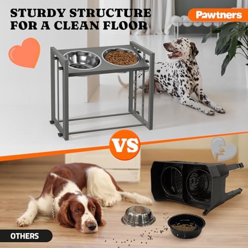 Pawtners Elevated Dog Bowl for Medium Breed, Adjustable Raised Feeder, Grey