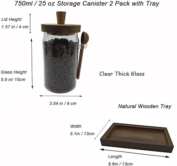 Glass Jars with Brown Wooden Lids and Scoop, Airtight Food Storage Containers with Tray for Sugar Coffee Bean Candy Spice (2, Brown, 25 oz)