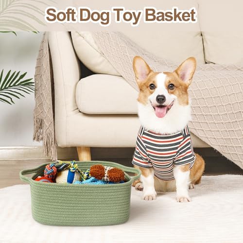 Cute Green Woven Basket, Empty Gift Basket for Christmas, Thanksgiving, Easter, Birthday, Cotton Rope Storage Bin with Handle for Gift, Dog Toy Box, Baby Nursery Organizer, Green Room Decor