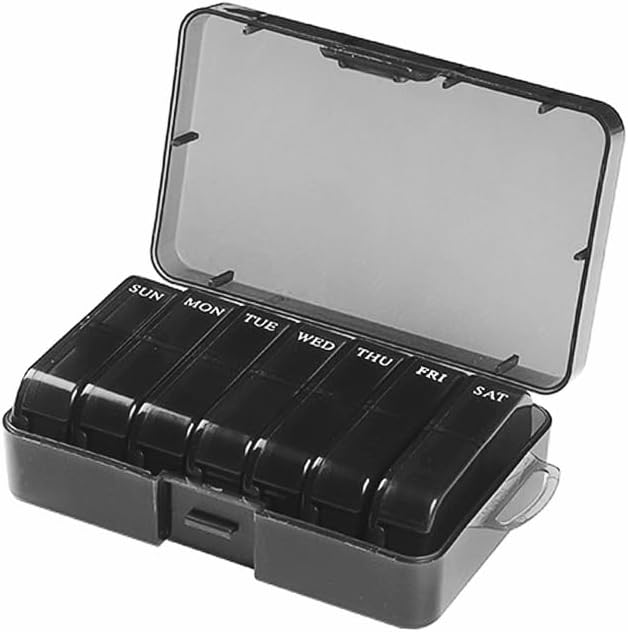Small Pill Case, Cute Medicine Box, Travel Daily Pill Organizer | 7-Day 14 Tray Portable Vitamin Planner Container Dispenser for Purse Pocket, Capsule Holder for Fish Oils, Supplements, Black