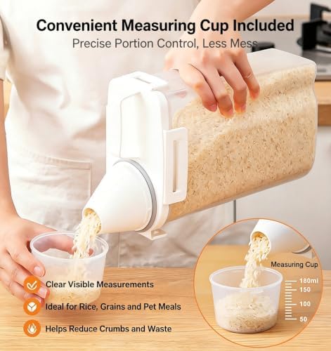 Gagee Airtight Rice Dispenser 3-5 Lb with Measuring Cup,Clear | Cereal Dry Food Flour Bin, Pet Dog Cat Food Dispenser, BPA Free Plastic Kitchen and Pantry Organization Bin for Sugar