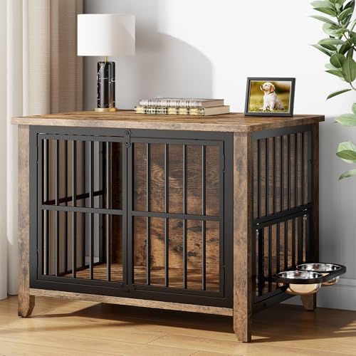 YaFiti 31.5" Wooden Dog Crate Furniture for Medium/Small Dogs, Rustic Brown | Adjustable Feeder, 2 Bowls, Chew-Resistant, Heavy Duty, Dog Kennel Indoor, Decorative Side End Table, Pet Cage House