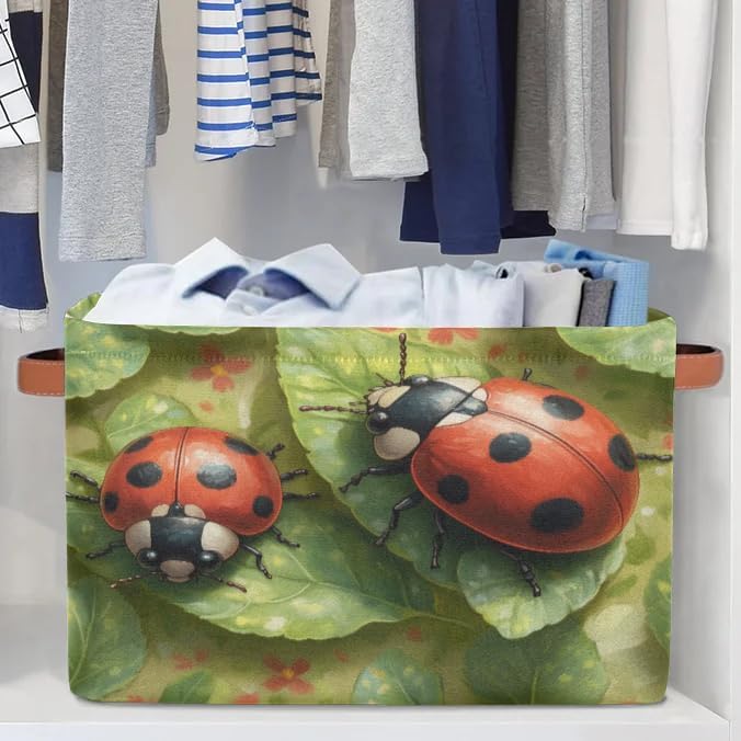 Green Leaf Ladybugs Storage Boxes Theme Storage Nursery Baskets with Handle Closet Collapsible Organizer Shelf Bins for Book Cloth 15 X 11 X 9.5 IN