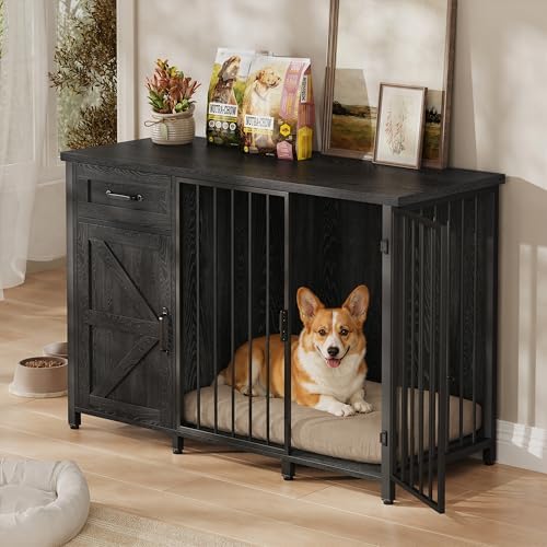 kepptory 30 Inch Dog Crate Furniture with Cabinet, Heavy Duty Farmhouse Dog Kennel with Charging Station, Wooden End Table TV Stand with 900 LBS Capacity and Adustable Feet