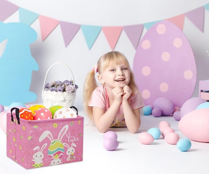 Rectangular Easter Baskets Gift Basket Empty Pink Bunny Kids Storage Bin Baby Boy Basket Kids Toy Storage Bin Organizer Box Easter Room Decor for Home(Pink Easter)