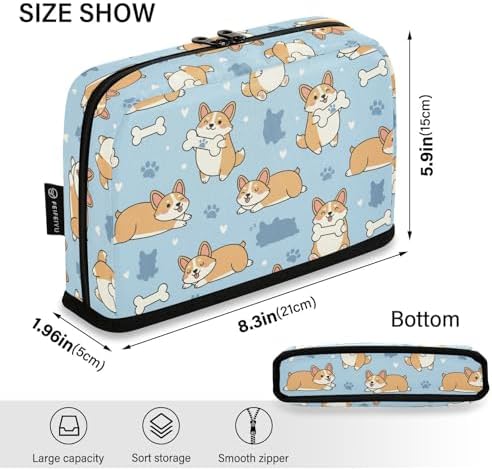 Emelivor Cute Pets Dogs Blue Print Large Capacity Pencil Case Stand Up Pencil Pouch for School Office Supplies Pen Organizer Bag with Pockets Portable Stationery Bag for Teens Adults Kids