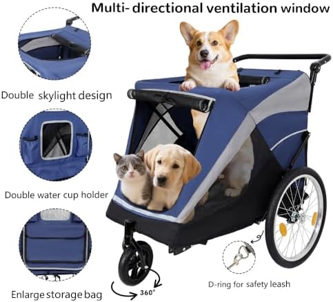 Pet Bike Trailer and Push Cart for Medium Large Dogs – Converts Between Towing and Walking Modes, Holds Up to 100 Lbs with Internal Leash and All-Weather Ventilation