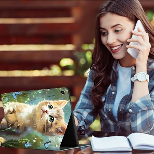 for Samsung Galaxy Tab A 8.0" 2019 SM-T290/T295 Case | Slim Leather Smart Cover with Multi-Angle Anti-Slip Stand [Auto Wake/Sleep] Shell for Women Men, Lawn Cat Butterfly