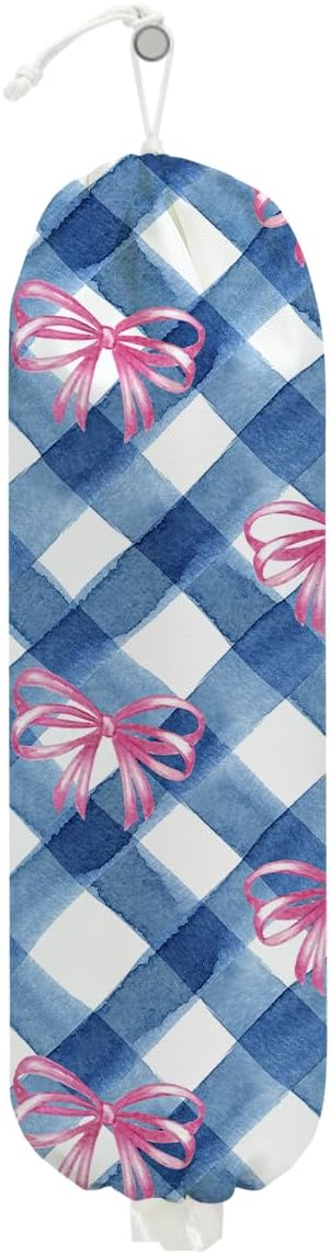 Pink Bow Plastic Bag Holder for Kitchen Essentials, Wall Mount Grocery Bag | Holder for Plastic Bags, Blue White Plaid Reusable Shopping Bags Storage Dispenser for Home Kitchen Pantry, 22.5x9 Inch