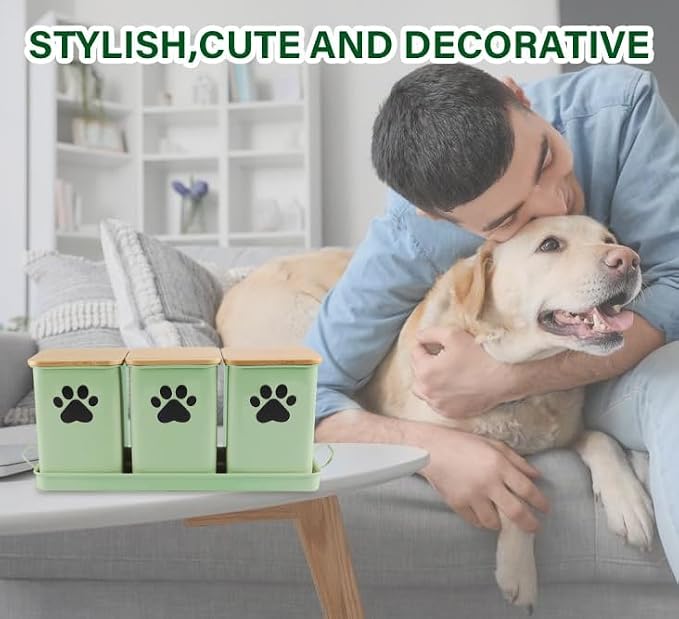 Set of 3 Metal Dog Treat Jars,60oz Airtight Dog Treat Container with Bamboo Lids,Cat Treat Canister,Puppy Cookie Container for Kitchen Counter,Coated Galvanized Steel-Green